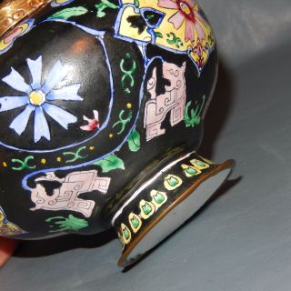 Chinese Canton Enamel BLACK Hand Painted Urn Box Tea Caddy Incense Ginger Jar 3