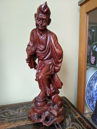 Chinese Carved Wooden Figure Of Man With Dog,  Vintage Figure 31cm Hard Wood