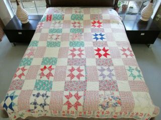 Vintage Old Washed Many Times Feed Sack Ohio Star Quilt,  Novelty Prints; Full
