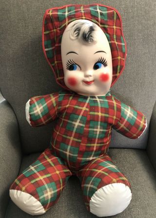 Vintage Cloth Doll Celluloid Face Stuffed Carnival Prize Toy Samet & Wells Plaid