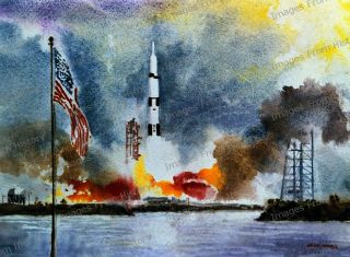 8x10 Print Nasa Space Art " Apollo 11 Liftoff " By John Meigs 1969 1056