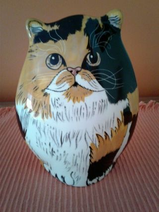 Cats By Nina Lyman 7 " Calico Cat Ceramic Hand Painted Vase Orange Black White