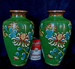 Pair Large Vintage Chinese Cloisonne On Copper Vases Lamp Bases