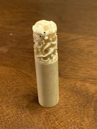 Antique Vintage Ivory Colored Asian Chinese? Cylinder Carving Dragon