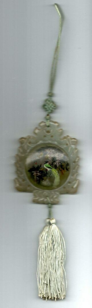 Antique Chinese Hand - Carved Jade Pendant W Reverse Paint Glass19th - 20th Century