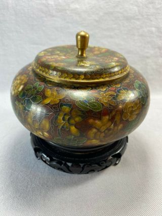 Antique Chinese Multi Cloisonne Enamel Lidded Jar Box On Carved Wood Base Nr