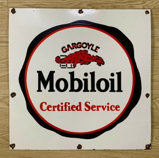 Vintage Gargoyle Mobil Oil Certified Service 19½” X 19½” Porcelain Enamel Sign.