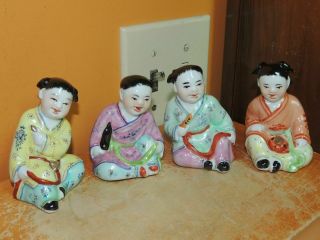 4 Chinese Famille Rose Children 3.  5 " Playing Musical Instruments Vintage China