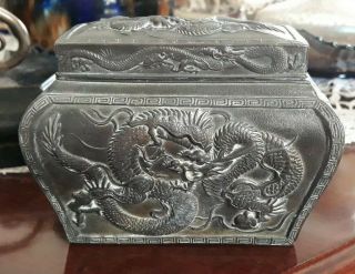Antique Chinese Silver Plated Pewter Metal Dragon Tea Caddy Box Jar Urn