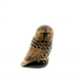 3.  5 " Tall Hand Carved Water Buffalo Horn Scrimshaw Owl Usa Seller