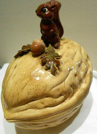 Vintage Ceramic Nut Dish Walnut Shaped With Squirrel & Eggcorn On Top