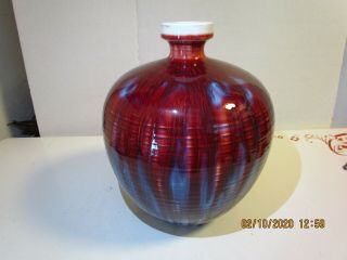 Antique Chinese Porcelain Lobbed Vase Oxblood Copper Red Flambe With Mark Sign
