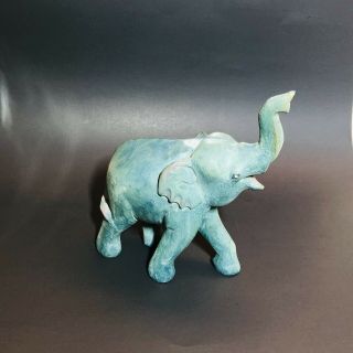 Vintage 1970s Hand Carved Elephant Solid Wood Statue Figure Lucky Trunk Up Teal