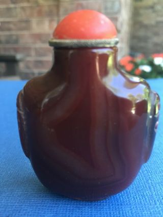 Old Chinese Dark Red/.  Brown Agate Carved Snuff Bottle 2 1/2 " Tall
