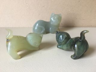 Vintage Chinese Carved Hard Stone Animals Green Jadeite Cats X3