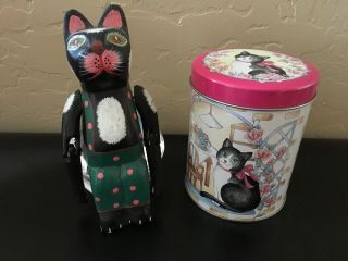 Vintage Hand Painted Carved Wood Cat Shelf Sitter And Vintage Decorative Cat Tin