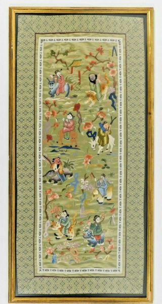 Vintage Chinese Embroidery On Silk Panel With Braid Borders Unframed Rtg/ml