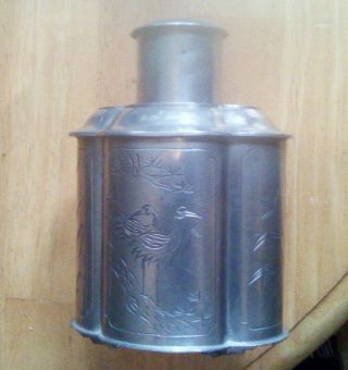 Vintage Chinese Pewter Tea Caddy 4 Sided 6.  5 " Tall 4 " Wide