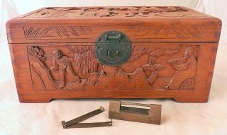 Antique Hand Carved Chinese Camphor Wood Box Dovetail With Chinese Lock