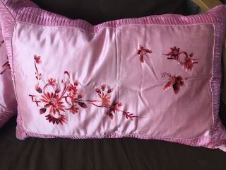 Two Antique Chinese Hand Embroidered Pillow Cases Butterflies And Flowers