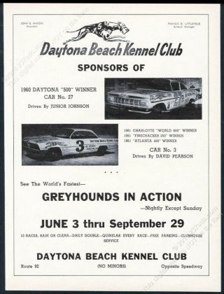 1966 Daytona Beach Kennel Club Greyhound Dog Racing Junior Johnson Car Photo Ad