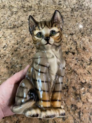 Vintage Porcelain Sitting Tabby Cat Figurine Hand Painted 7 1/2 " Tall