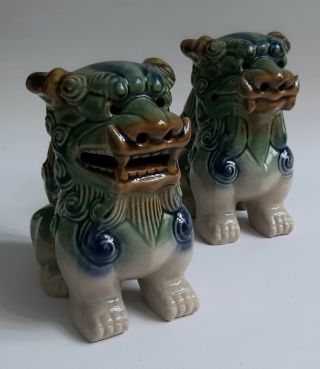Vintage Chinese Foo Dogs Male Female Majolica Style Glaze Ceramic Pair 14cm