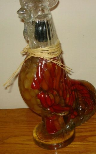 Rooster Decanter Bottle With Glass Head Cap Clear Glass With Peppers Vintage