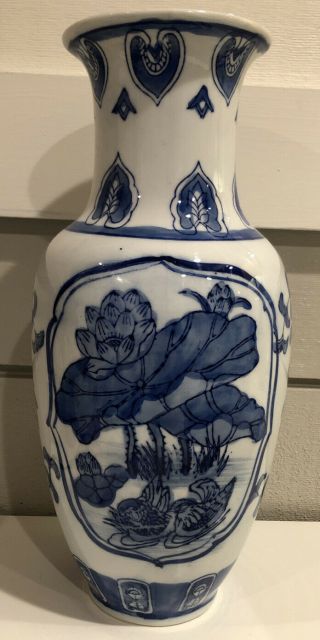 Vintage Chinese Japanese Blue White Porcelain Vase Flowers Birds 12 " Inches Tall