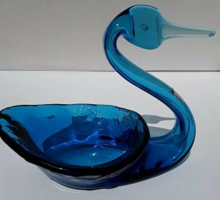 Mcm Vintage Art Glass Blue Swan Figurine Candy Dish Trinket Bowl