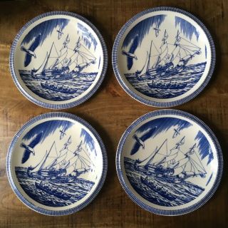 4 Vintage Vernon Kilns Rockwell Kent “moby Dick” Blue Luncheon Plates 8.  5”