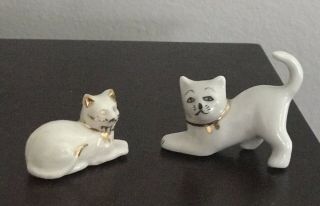 2 Vintage Miniature Cat Figurine White Gold Porcelain Small Tiny Cats