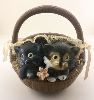 Vintage Ceramic Figurine - Two Kittens Kittens In Basket With Flowers And Bows