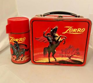 Vintage 1966 Zorro (red Sky) Metal Lunch Box And Thermos Walt Disney Production