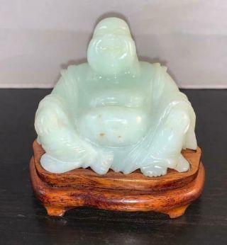 Chinese Vintage Xx Century Celadon Jade Buddha Statue W Wooden Stand