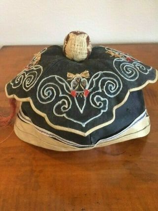 Antique Chinese Embroidered Child ' s Scholar hat missing tassel 2