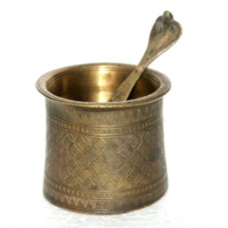 Old 1930s Antique Hand Carved Design Brass Holy Water Pot With Spoon