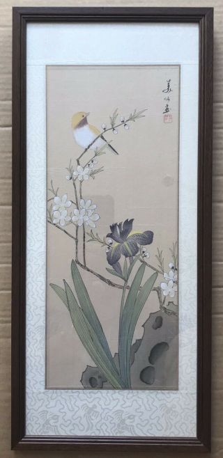 Vintage Chinese Art Watercolour Painting On Silk Bird Flowers Signed