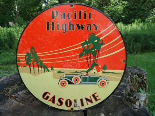 Vintage Old 1950s Pacific Highway Gasoline Motor Oil Porcelain Gas Station Sign