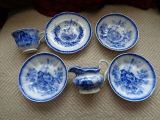 Antique Chinese Bells Flow Blue Cup And 3 Saucers Plus Jug And One Small Plate