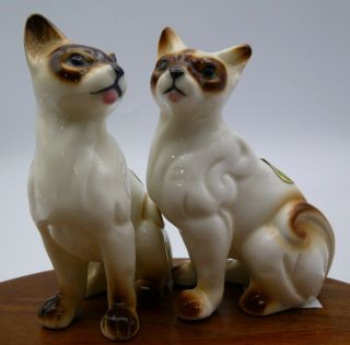 2 Small Vintage Siamese Cats Bone China Figurine W/original Stickers 3 1/2 " Tall