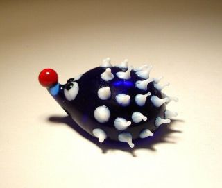 Blown Glass " Murano " Art Animal Figurine Blue Hedgehog With Red Snout