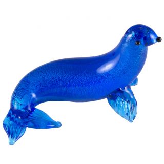 Miniature Hand Blown Art Glass Blue Seal Figurine 3 " Long