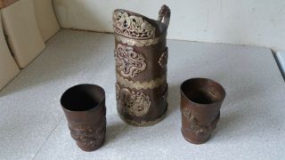 Vintage Copper / Bronze Finish Chinese / Oriental Dragon Jug & Two Goblets