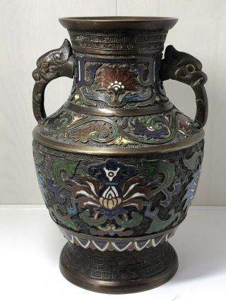 Antique C1900 Japanese Bronze Champleve Enamel Vase Very Large & Heavy