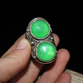 Old Chinese Tibet Silver & Green Jadeite Jade 2 Beads Handwork No.  7 - 12 Ring Op16