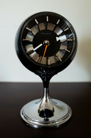 Vintage Bulova Mid Century Modern Black And Chrome Pedestal Ball Clock