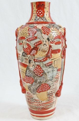 Antique Japanese Satsuma Moriage Vase Lamp Base Figural Men Applied Bow & Tassel