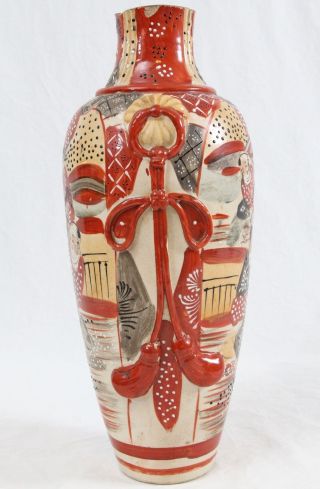 Antique Japanese Satsuma Moriage Vase Lamp Base Figural Men Applied Bow & Tassel 2