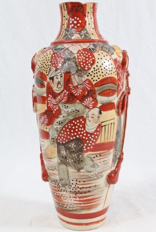 Antique Japanese Satsuma Moriage Vase Lamp Base Figural Men Applied Bow & Tassel 3